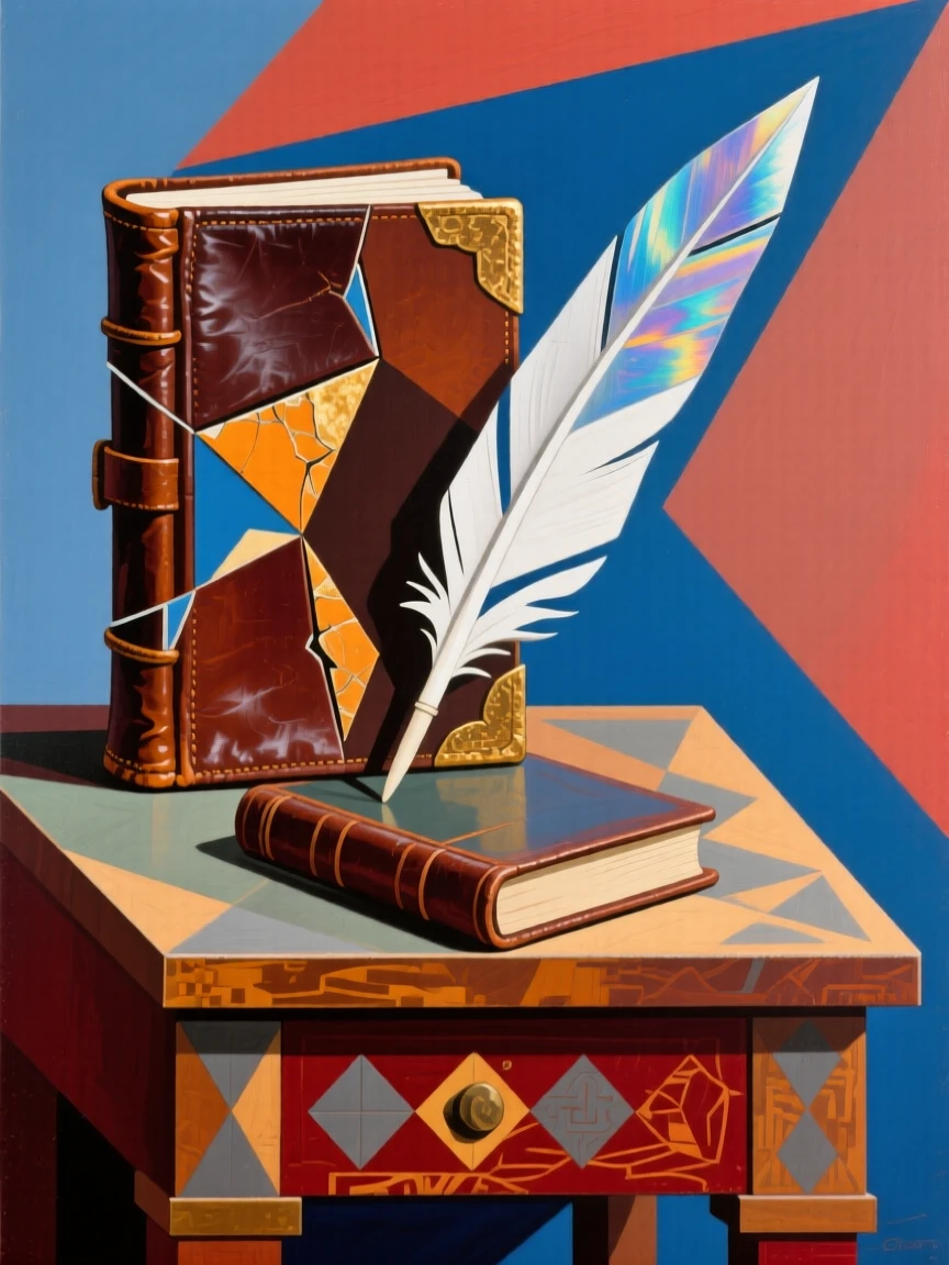 An elegant still life featuring an old leather journal and quill atop an antique writing desk.
