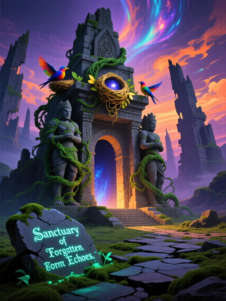 A stone temple entrance guarded by carved figures wrapped in vines glows faintly from within as evening settles over it, while birds nest peacefully among its crumbling towers.