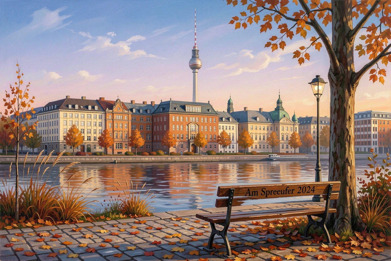 The Berlin skyline shows the Fernsehturm rising above historic rooftops, autumn leaves scattered across the Spree River promenade below, as a light breeze stirs the surrounding vegetation and carries the scent of damp earth.