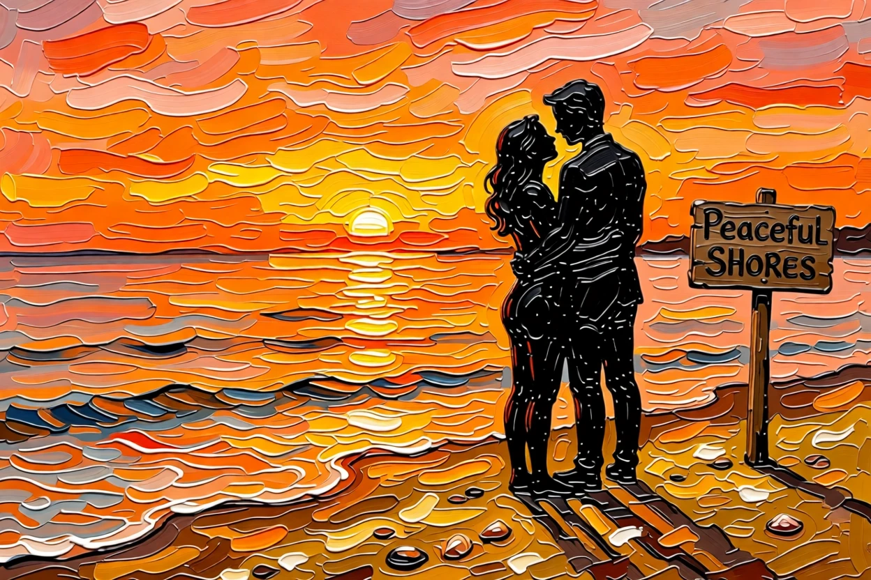 A couple silhouetted against a brilliant orange sunset on a quiet beach