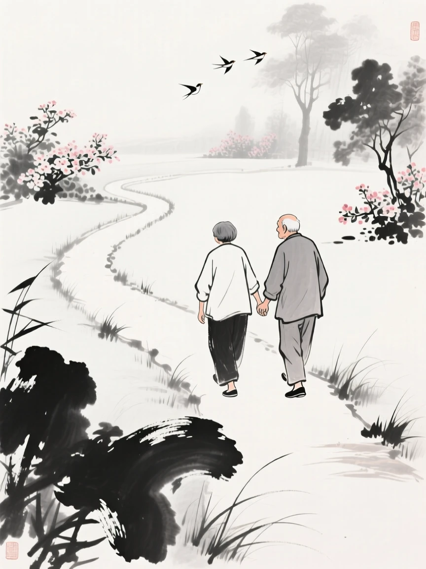An elderly couple walks slowly along a garden path, hand in hand, as birdsong fills the quiet morning air.