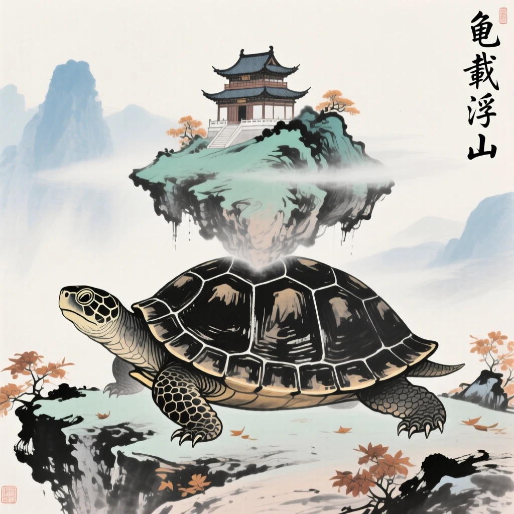 An ancient turtle bearing a floating mountain temple on its back, in late autumn.