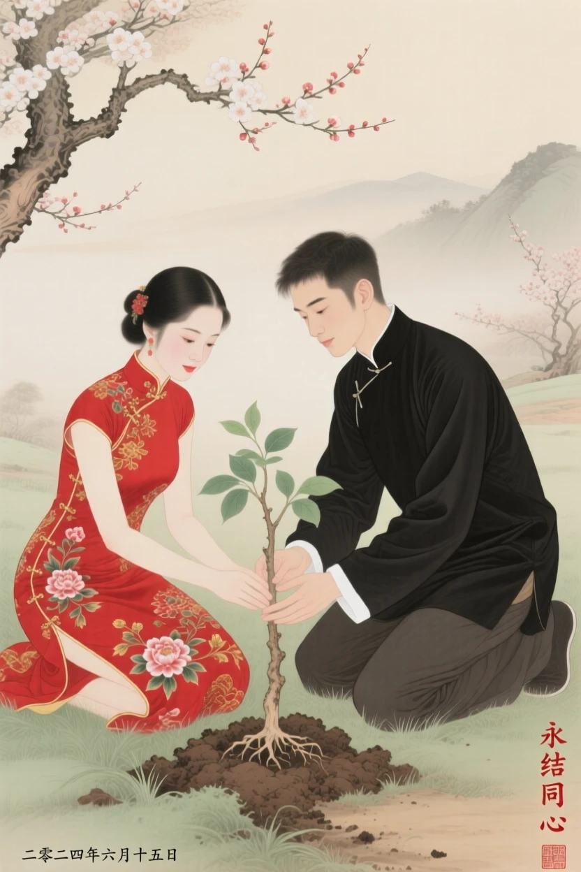 A young couple planting a tree together to mark their wedding day