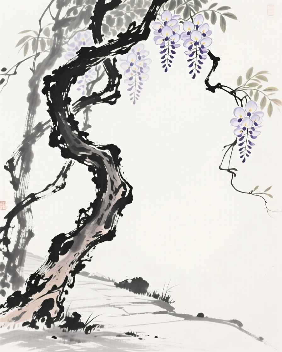 A twisted old wisteria vine beside a quiet garden path, seen from a low angle looking upward, celebrating the fleeting beauty of the season.