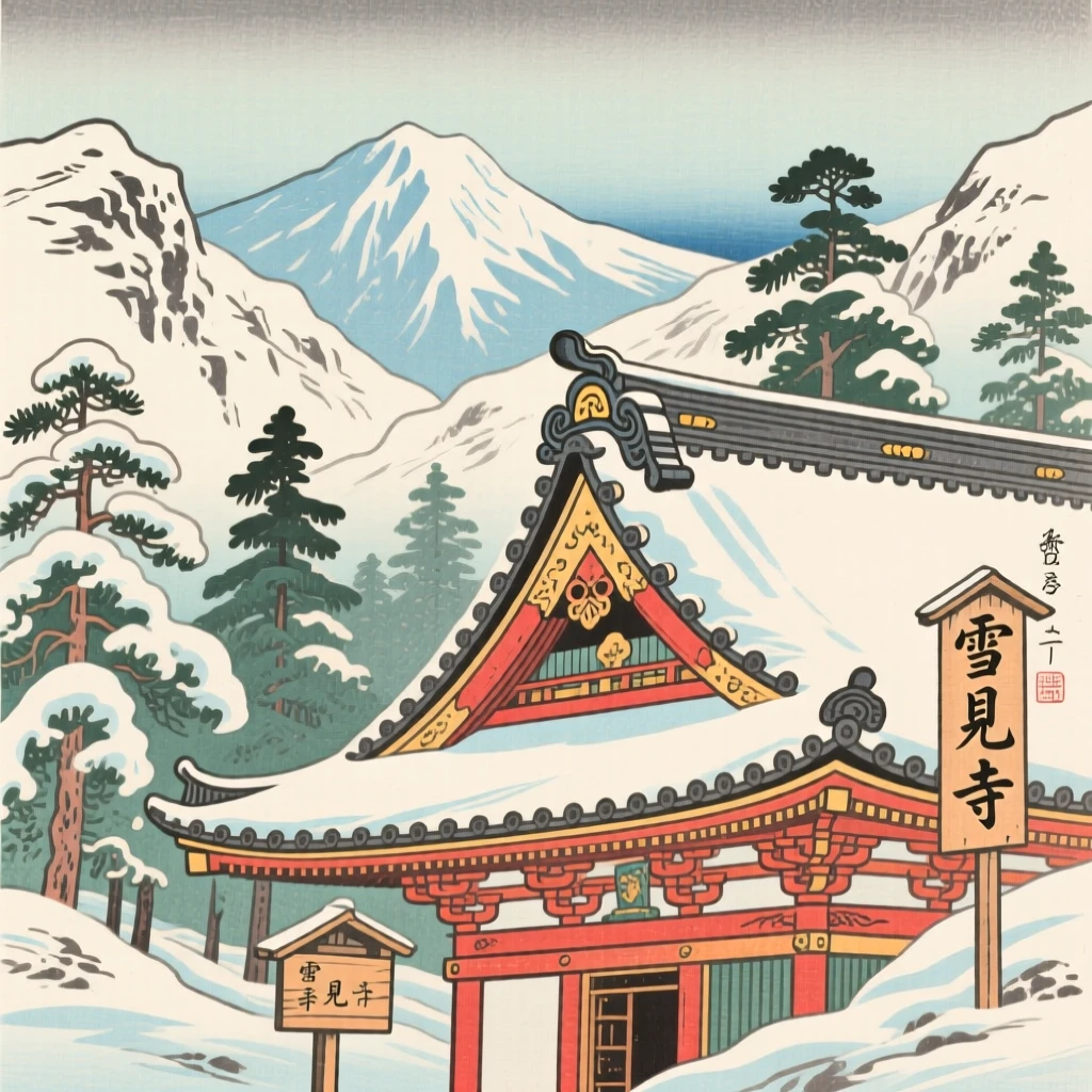 An ornate temple rooftop nestled in a snowy mountain valley.