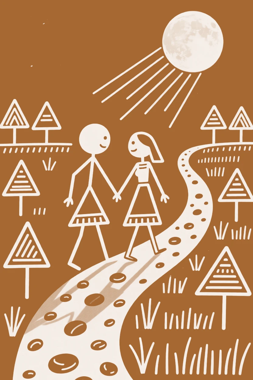 Two sweethearts walking together along a moonlit path.