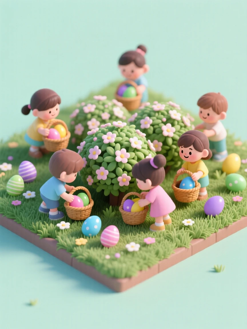 An Easter egg hunt in a blooming garden, children searching under flowering bushes, baskets filling with pastel-colored eggs.