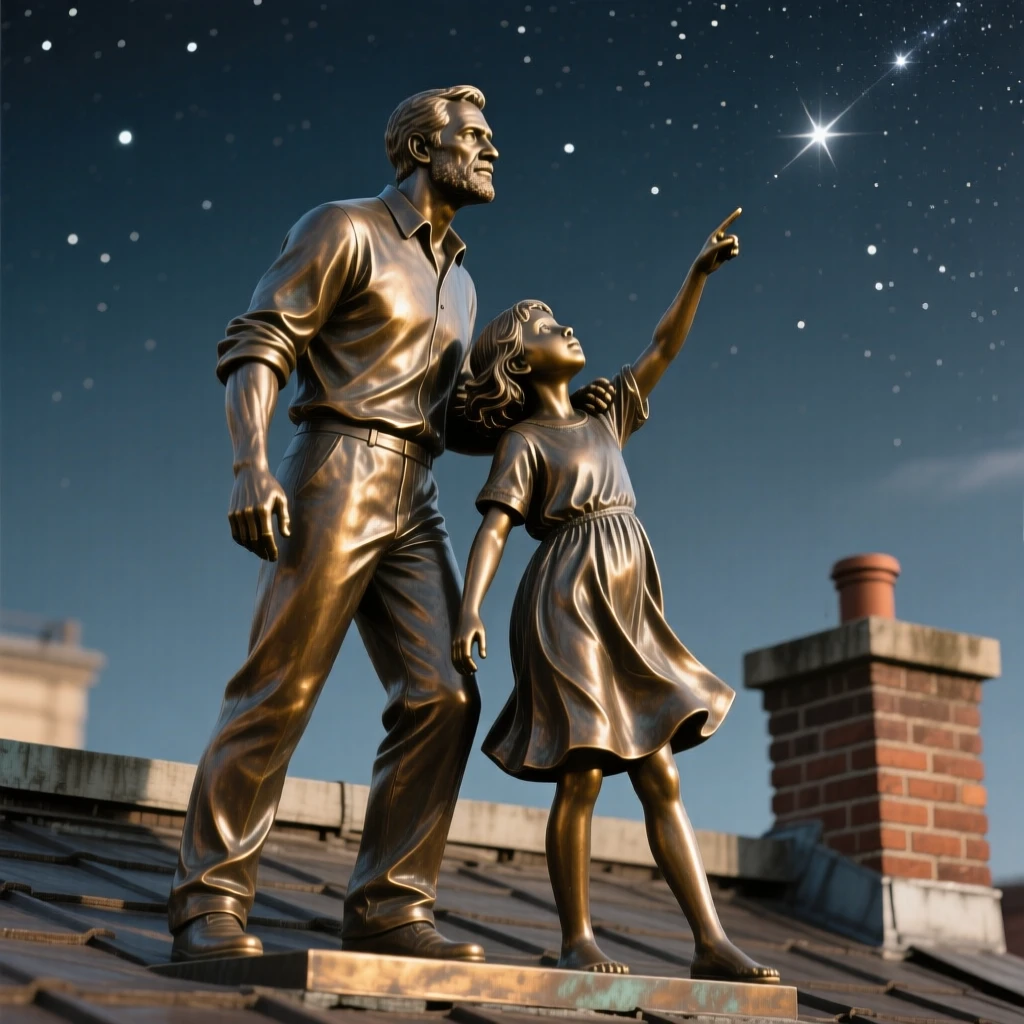A father and daughter stargazing on a rooftop, captured in dramatic, dynamic motion, forming a strong central focal point