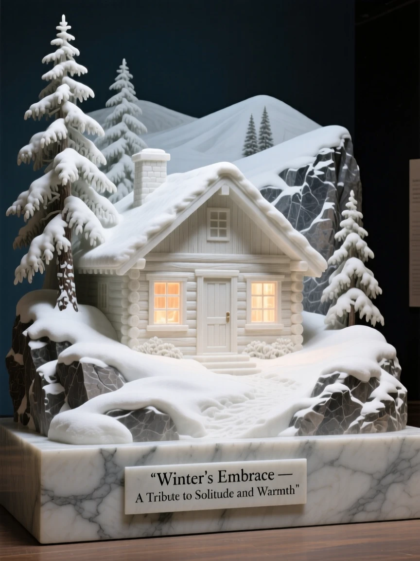 An evocative depiction of a snow-covered cabin glowing with warm light, framed by dramatic natural scenery, balancing detail with emotional depth