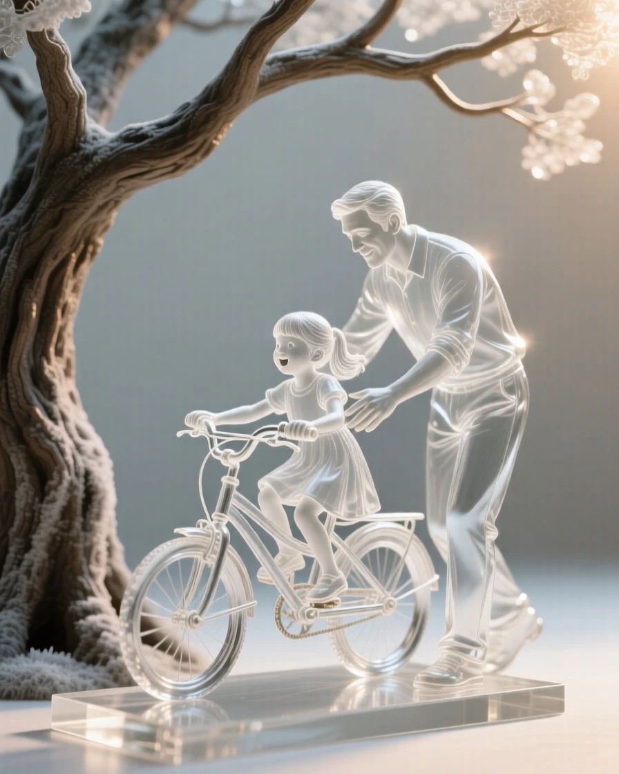 A father teaching his daughter to ride a bicycle for the first time beneath the shade of a favorite old tree