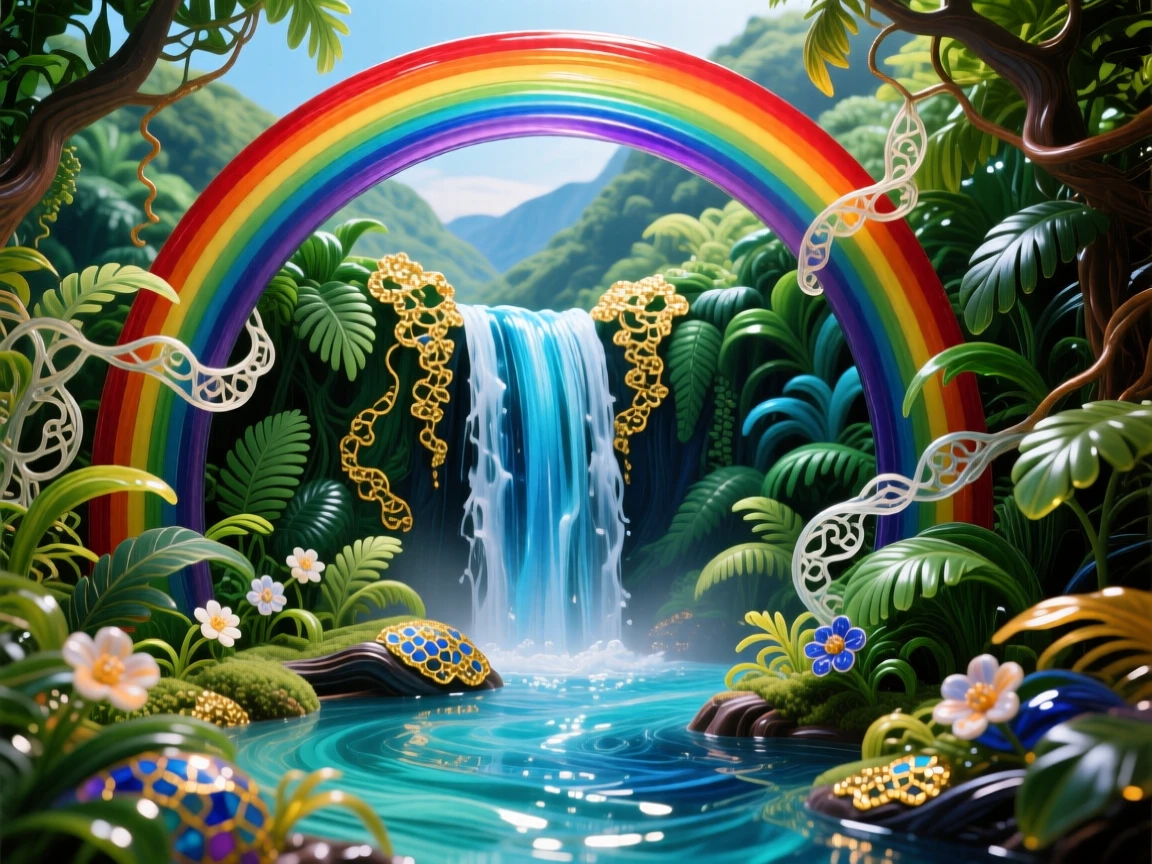 A grand waterfall framed by a double rainbow in a lush jungle valley, awe-inspiring and vivid.