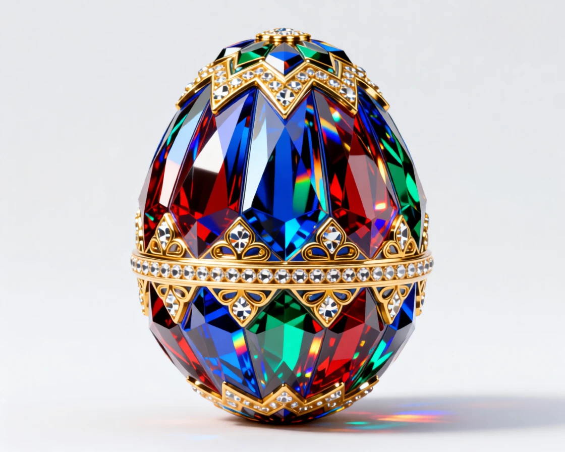 An elaborate Fabergé-style jeweled egg with intricate gold detailing.