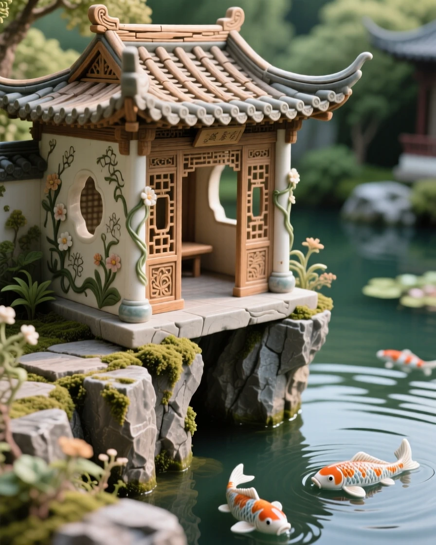 A garden pavilion beside a koi pond perched dramatically at the edge of a cliff, with intricate carvings along every surface, radiating peaceful, storybook charm.
