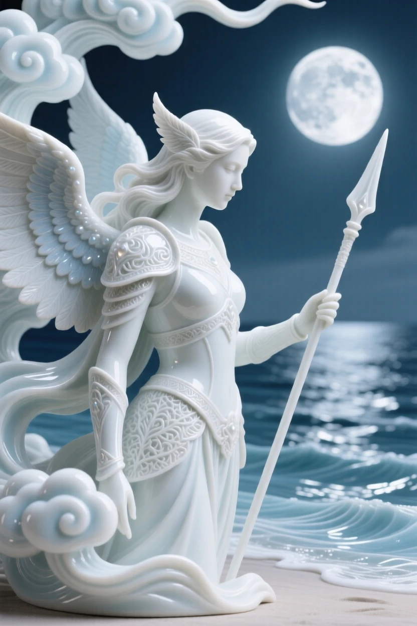 A mythological moment: a valkyrie gazing serenely over a moonlit sea, framed by swirling clouds and light.