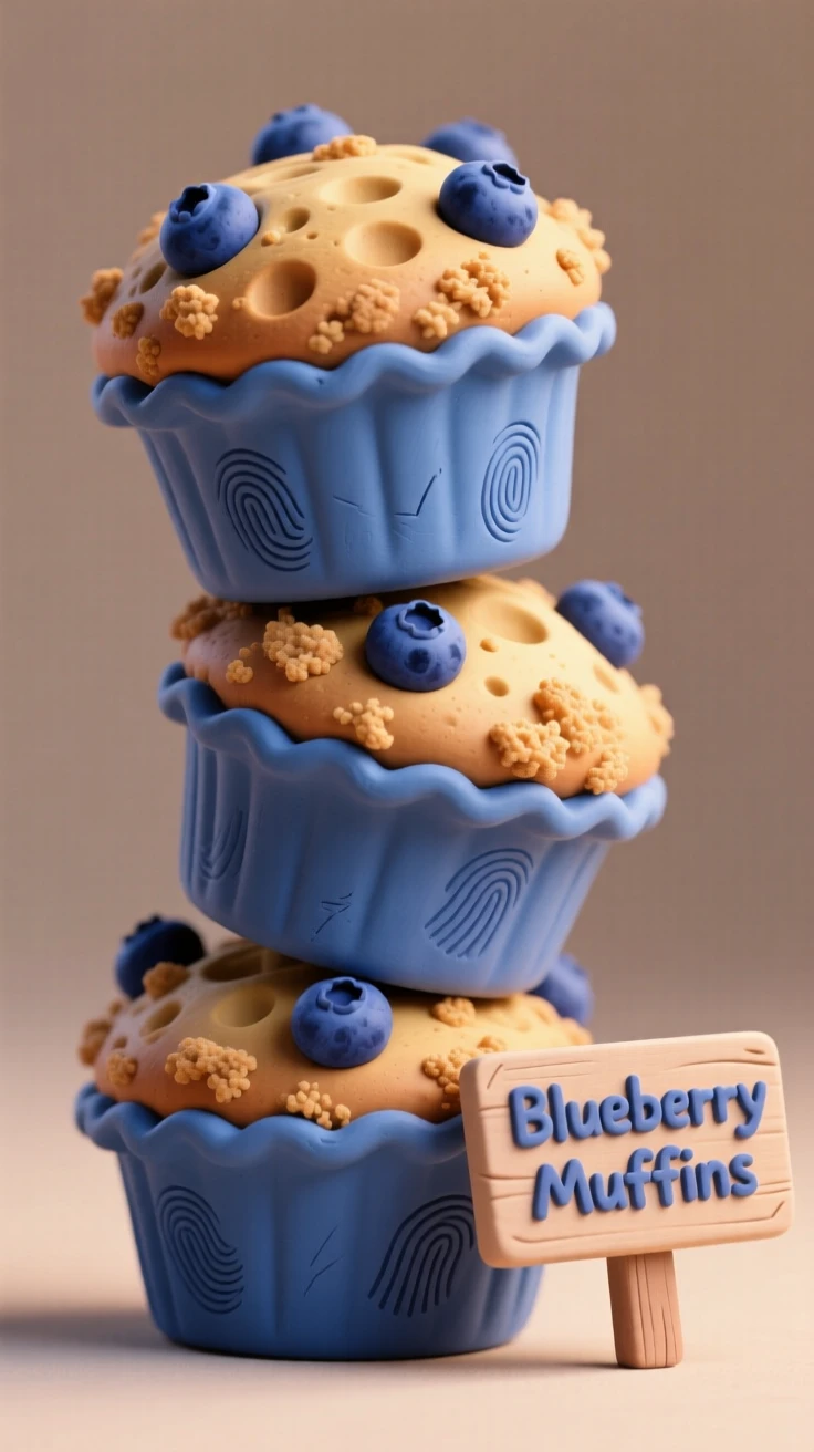 A stack of blueberry muffins with crumbly golden tops
