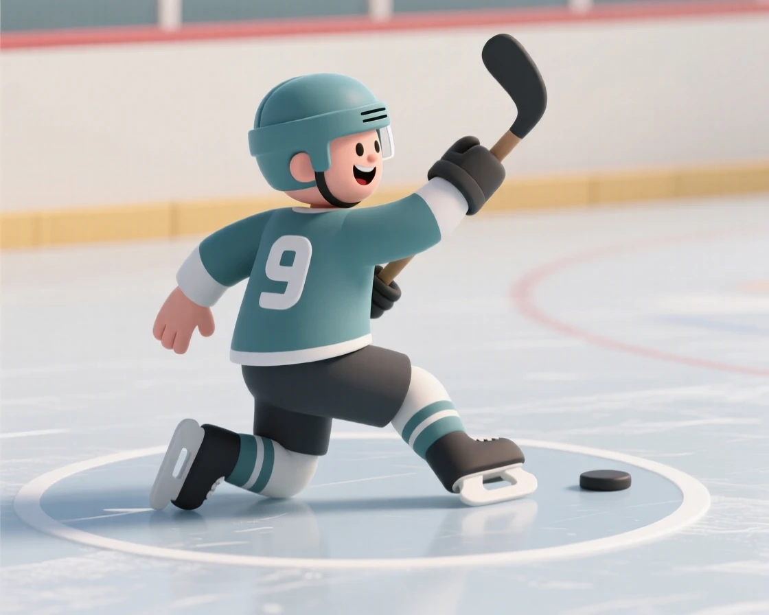 A joyful hockey player slides across the ice, stick raised after scoring a dramatic game-winning goal.