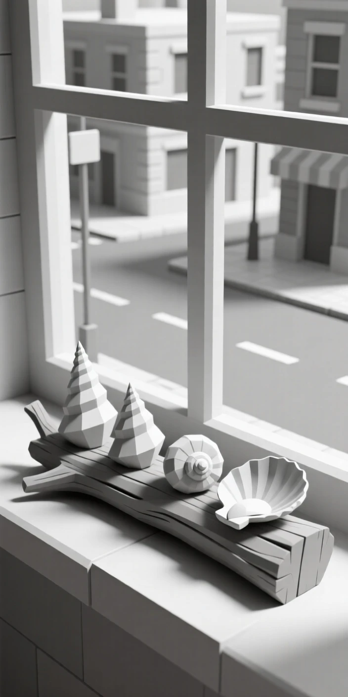 A collection of seashells arranged on driftwood, on a windowsill overlooking a quiet street. fine textures and material details are clearly visible. It evokes a feeling of gentle nostalgia.