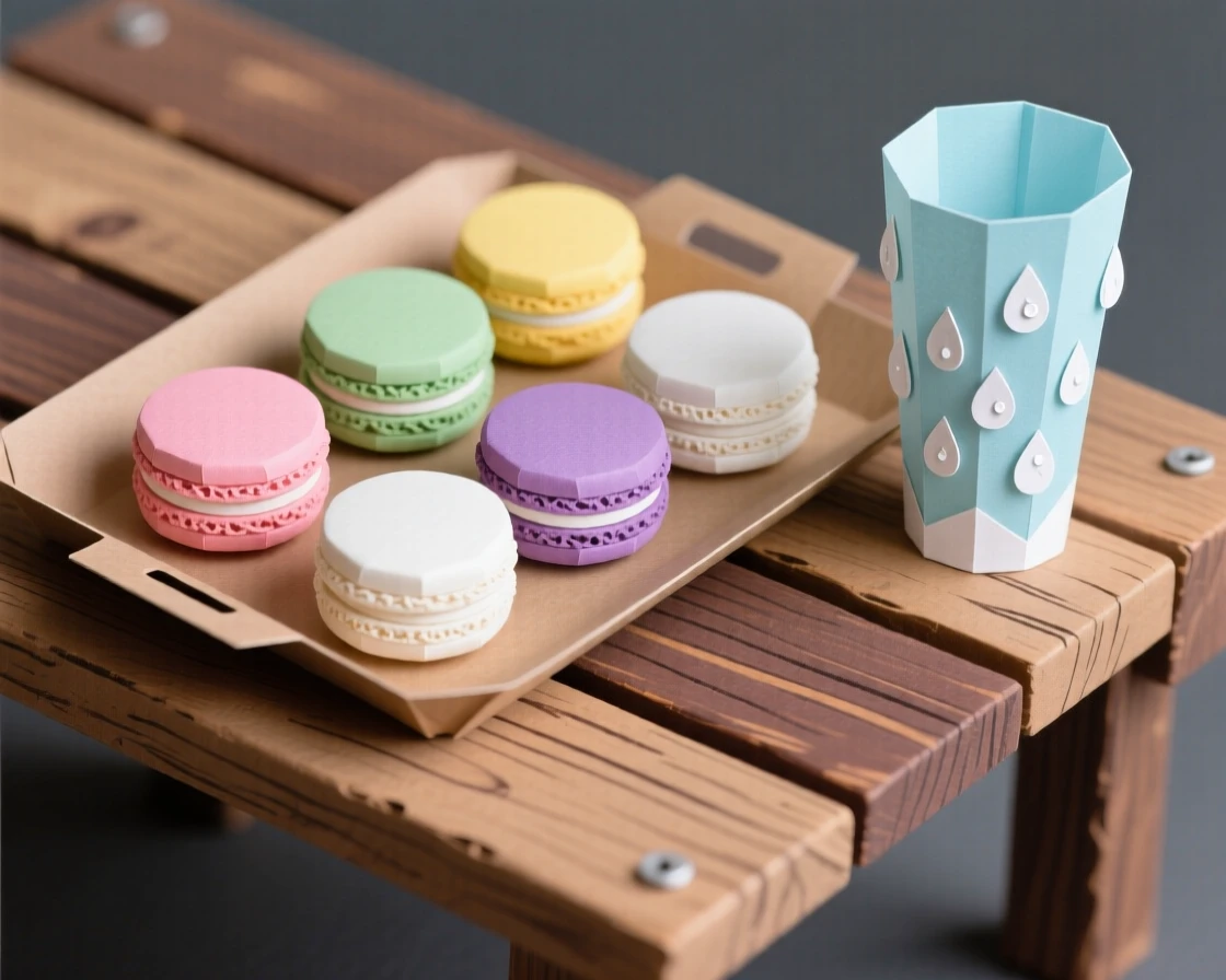 A tray of colorful macarons set on a rustic wooden table, with condensation beading on a nearby glass, evoking cozy, homemade charm.