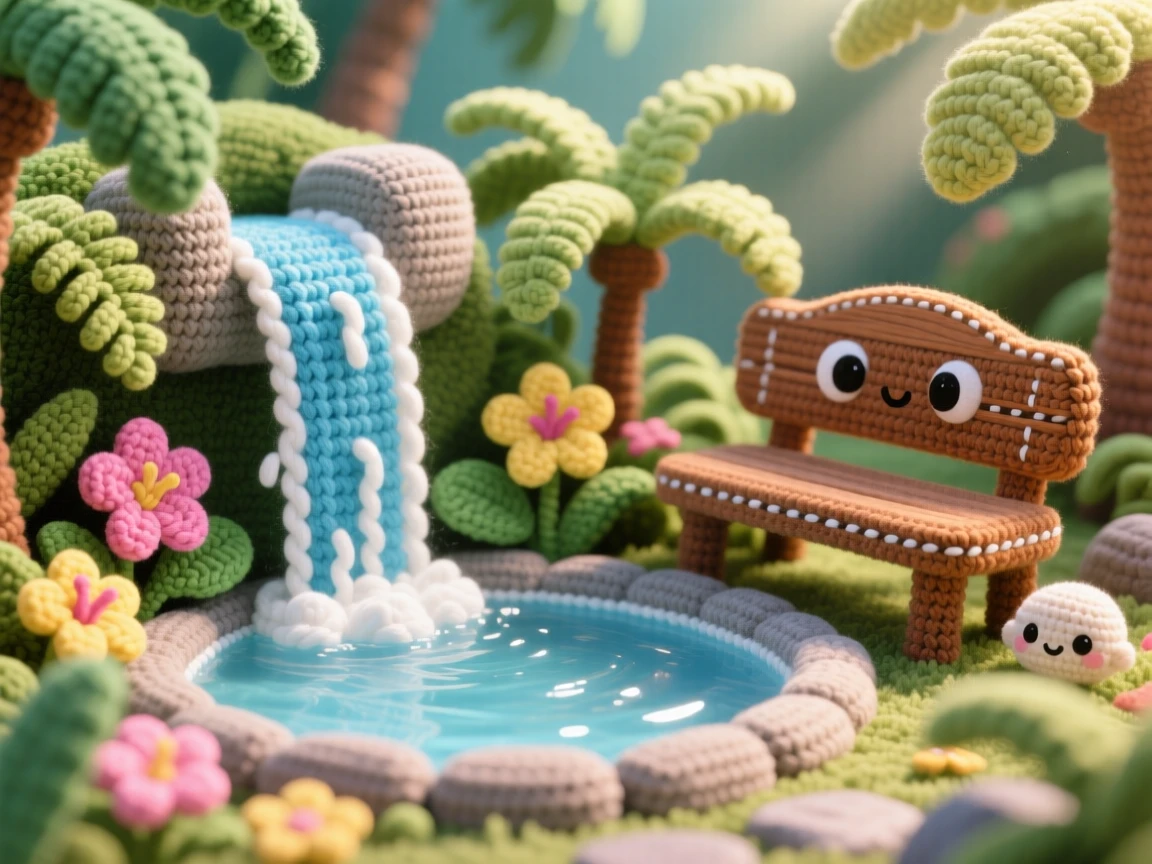 A picturesque scene featuring a small tropical waterfall pool, surrounded by lush ferns and flowers, glowing softly in dappled sunlight surrounded by the quiet hush of early morning, accompanied by a single wooden bench resting nearby, capturing peaceful, untouched natural beauty.