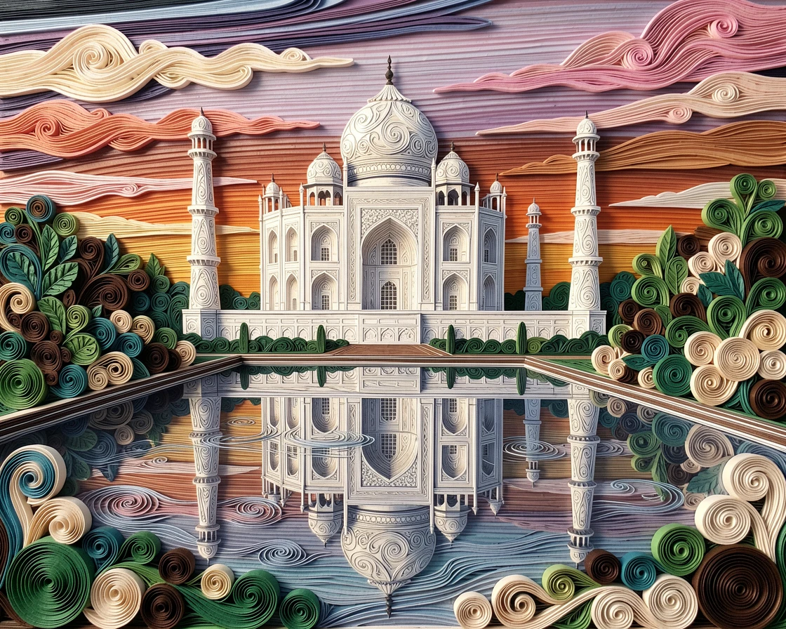 A breathtaking view of the Taj Mahal reflected perfectly in its still pool beneath dramatic clouds catching the last light of day, with delicate clouds streaked across the horizon, captured with warm foreground details leading to the horizon.