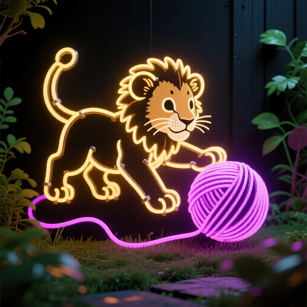 a baby lion cub pouncing on a ball of yarn in a quiet backyard garden.