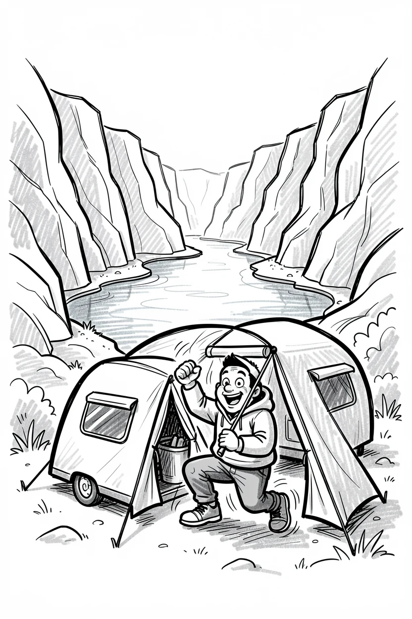 A camper setting up a tent beside a lake through a canyon carved by a river.