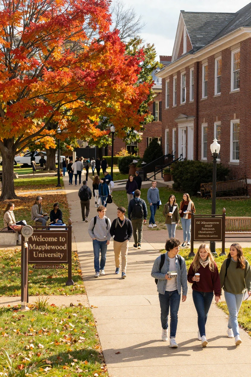 A college campus in autumn with students walking between classes