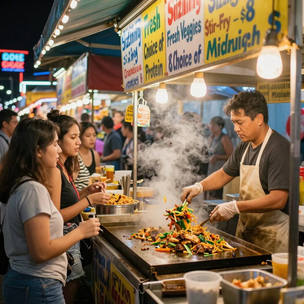 A street food stall serves sizzling stir-fry to a line of hungry night market visitors.