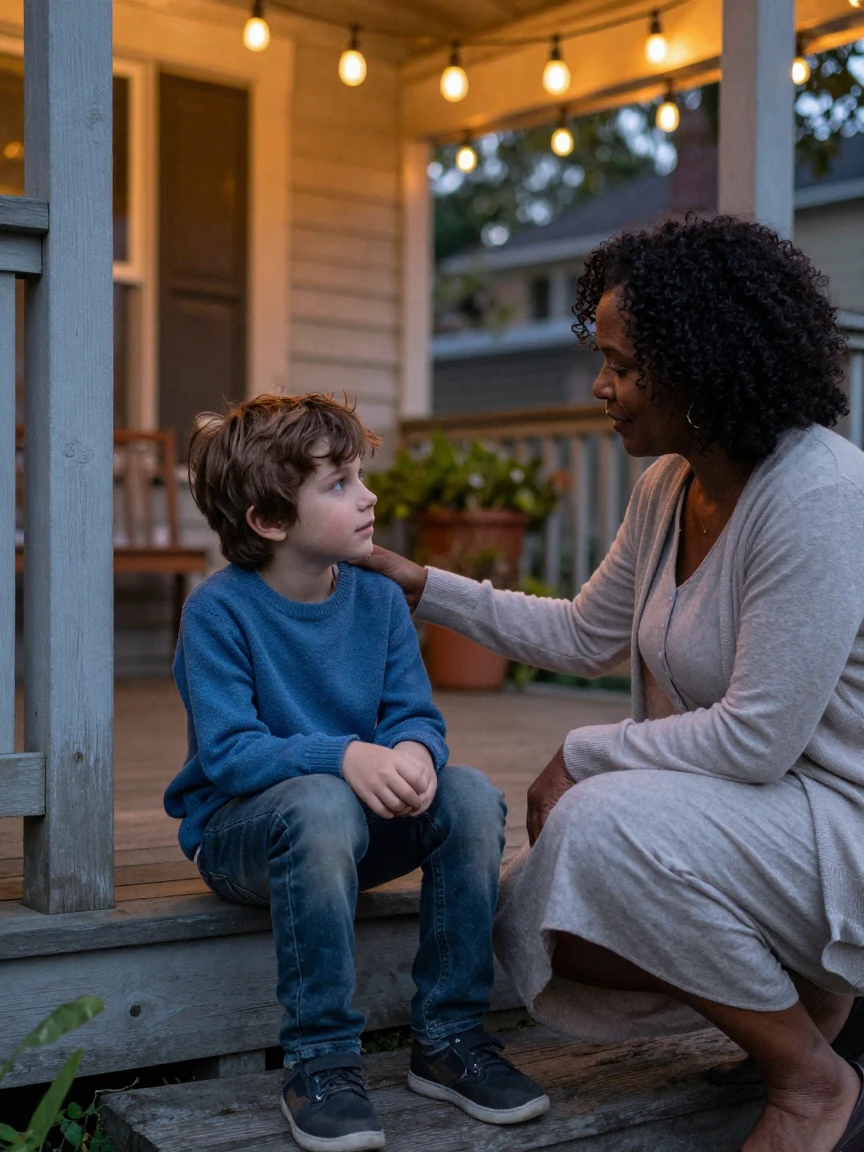 A little boy finding comfort in a stranger's kindness beneath a string of porch lights