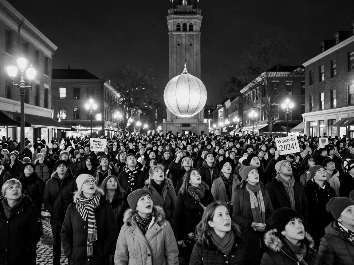 A crowd gathers to watch a ball drop in a packed city square.