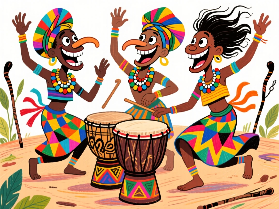 Traditional African dancers in colorful tribal attire performing around a drum circle.
