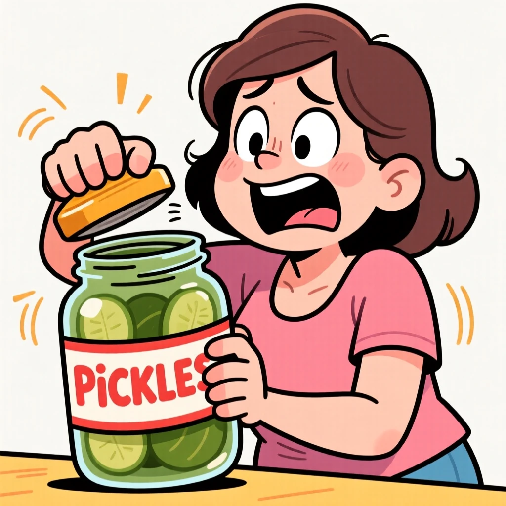 A funny expressive moment showing a new mom struggling hilariously to open a stubborn jar, with wide eyes and an open-mouthed grin.