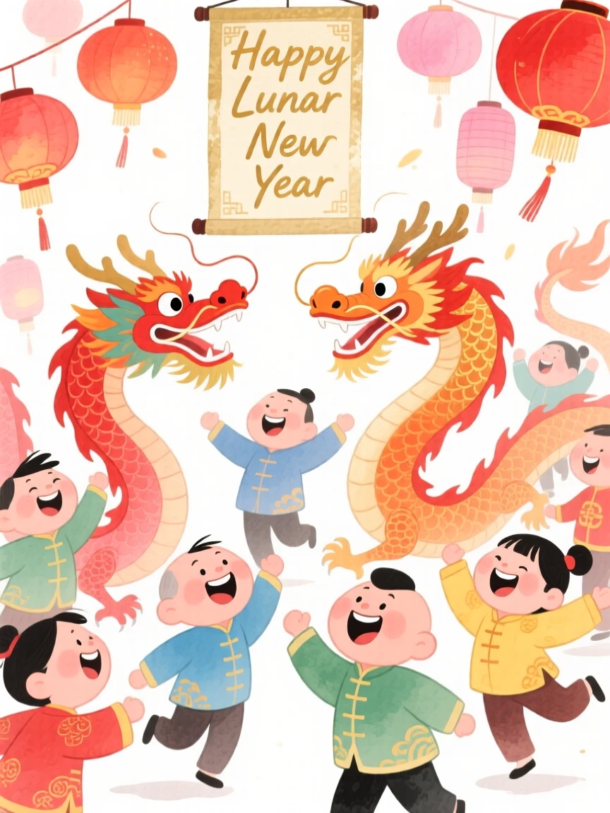 A joyful celebration scene of a Lunar New Year celebration with red lanterns and dancing dragons, filled with warmth and laughter