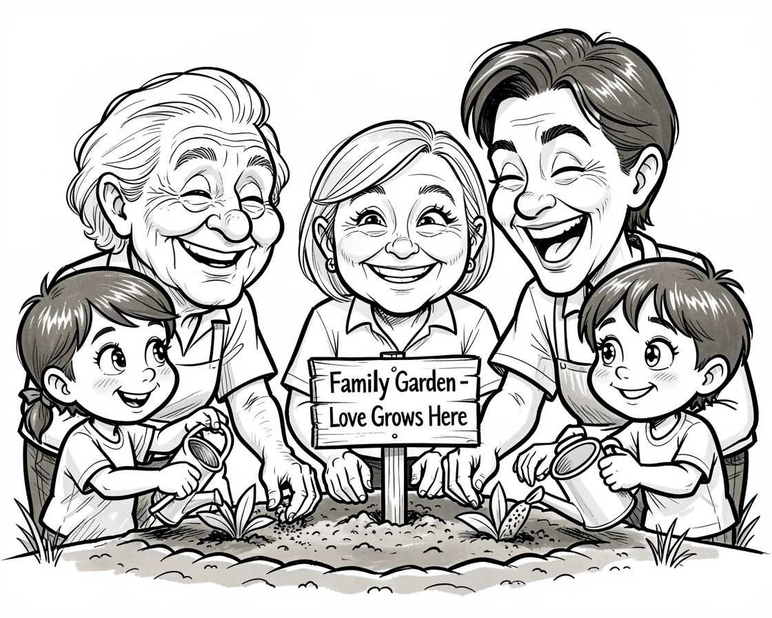 [Family & Relationship Moments] Heartwarming scene of a nostalgic family planting a garden together, radiating love and warmth