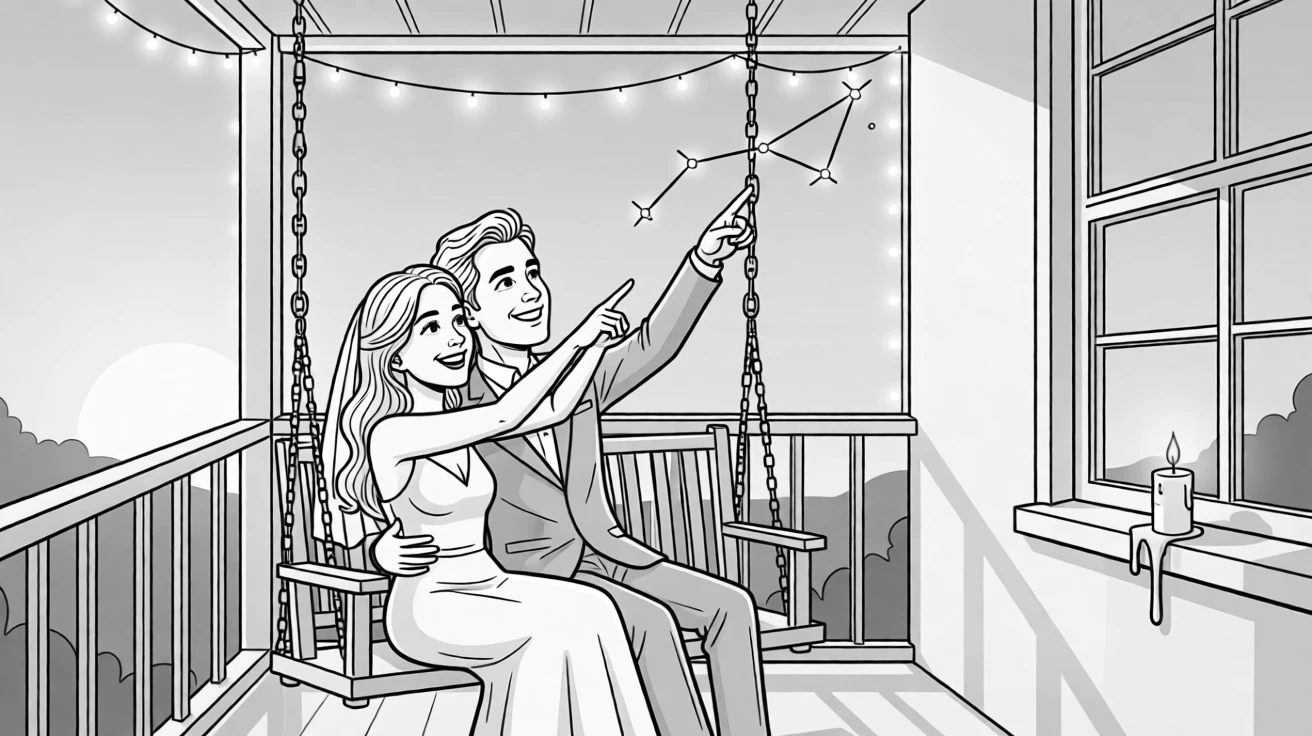 A pair leaning together on a porch swing at sunset, pointing up at the same constellation at the same time, set at a wedding reception decorated with fairy lights. A half-melted candle flickers on the windowsill. It captures romance in its most playful, everyday form.