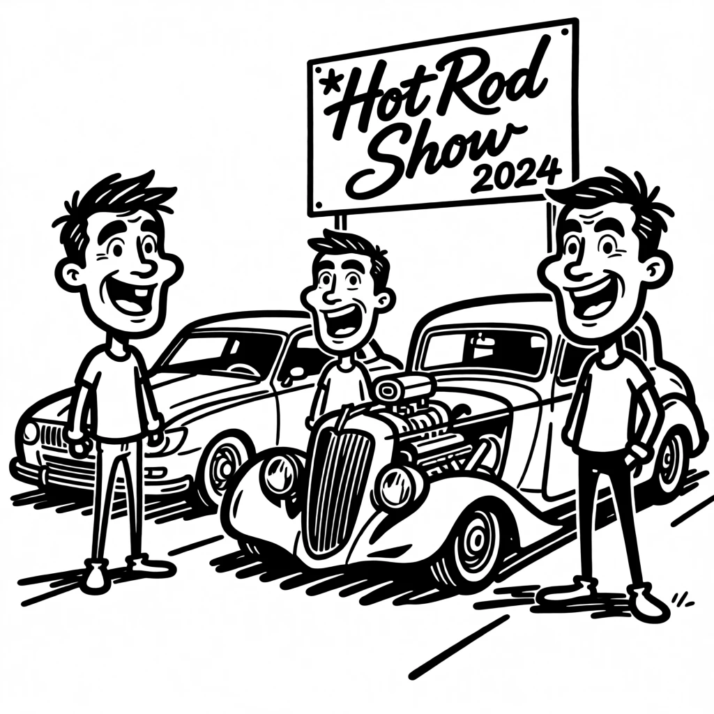 A hot rod car show with proud owners standing beside their gleaming custom vehicles.