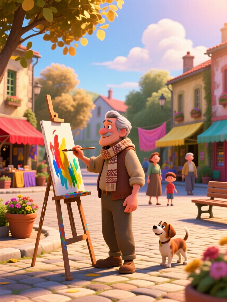 A painter working at an easel in a park is captured at a village square during a quiet afternoon, with colorful awnings lining the street. A simple contentment radiates through the scene.