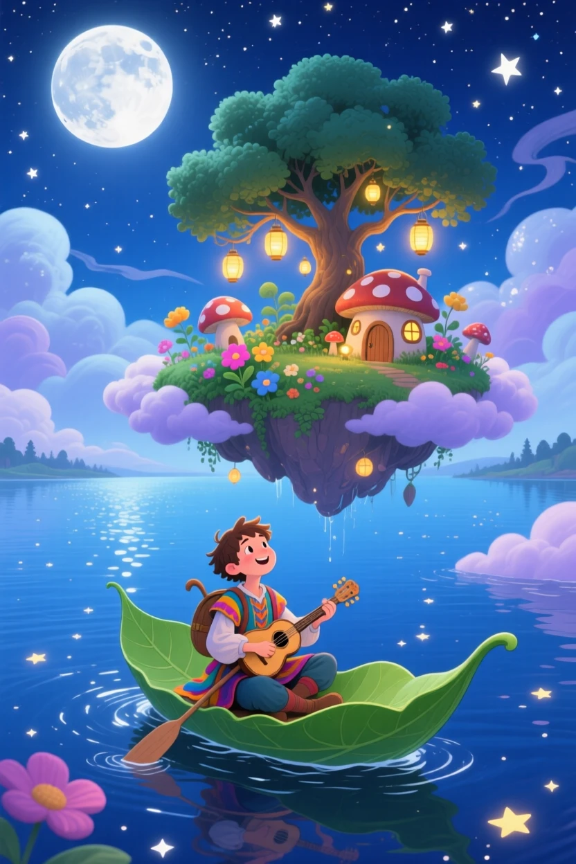 A wandering bard pauses from riding a floating leaf boat across a starlit lake to marvel at a floating island in the clouds, with the whole scene bathed in soft moonlight.