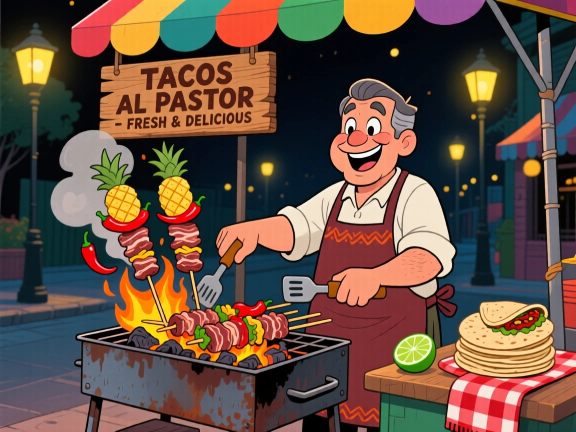 A street vendor grilling skewers of tacos al pastor at night.