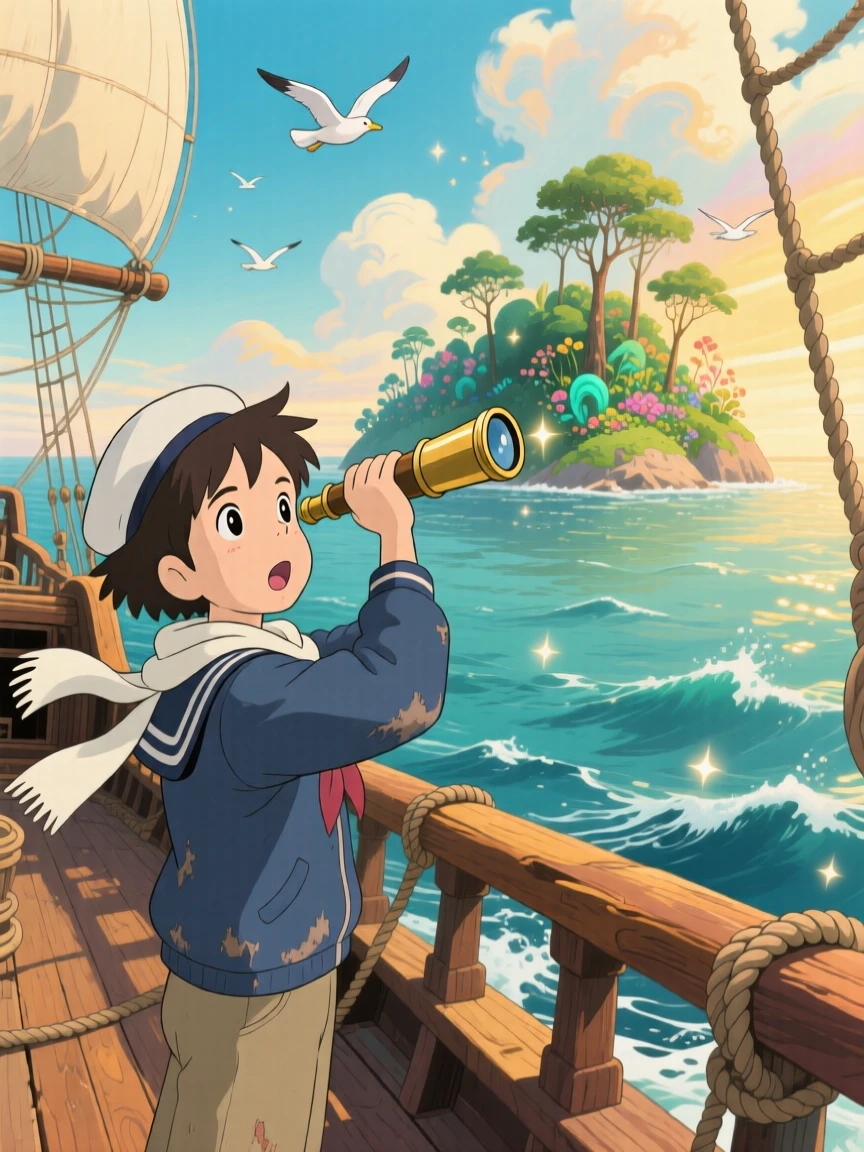 A sailor spotting a distant uncharted island through a spyglass, the moment brimming with discovery.