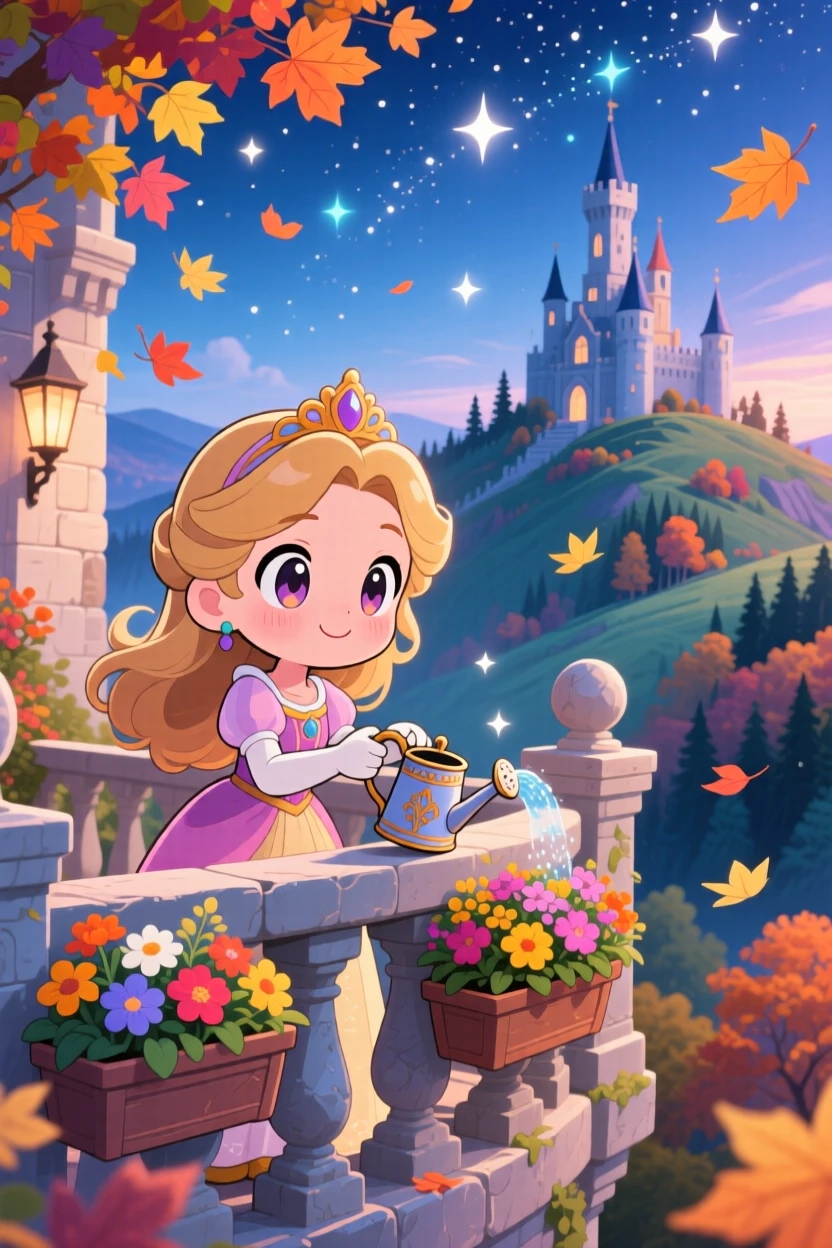 In a fairy-tale hilltop castle, a young princess is watering flower boxes on a castle balcony with autumn leaves swirling around, bathed in sparkling starlight, expression full of quiet contentment. Shot as a close-up portrait.
