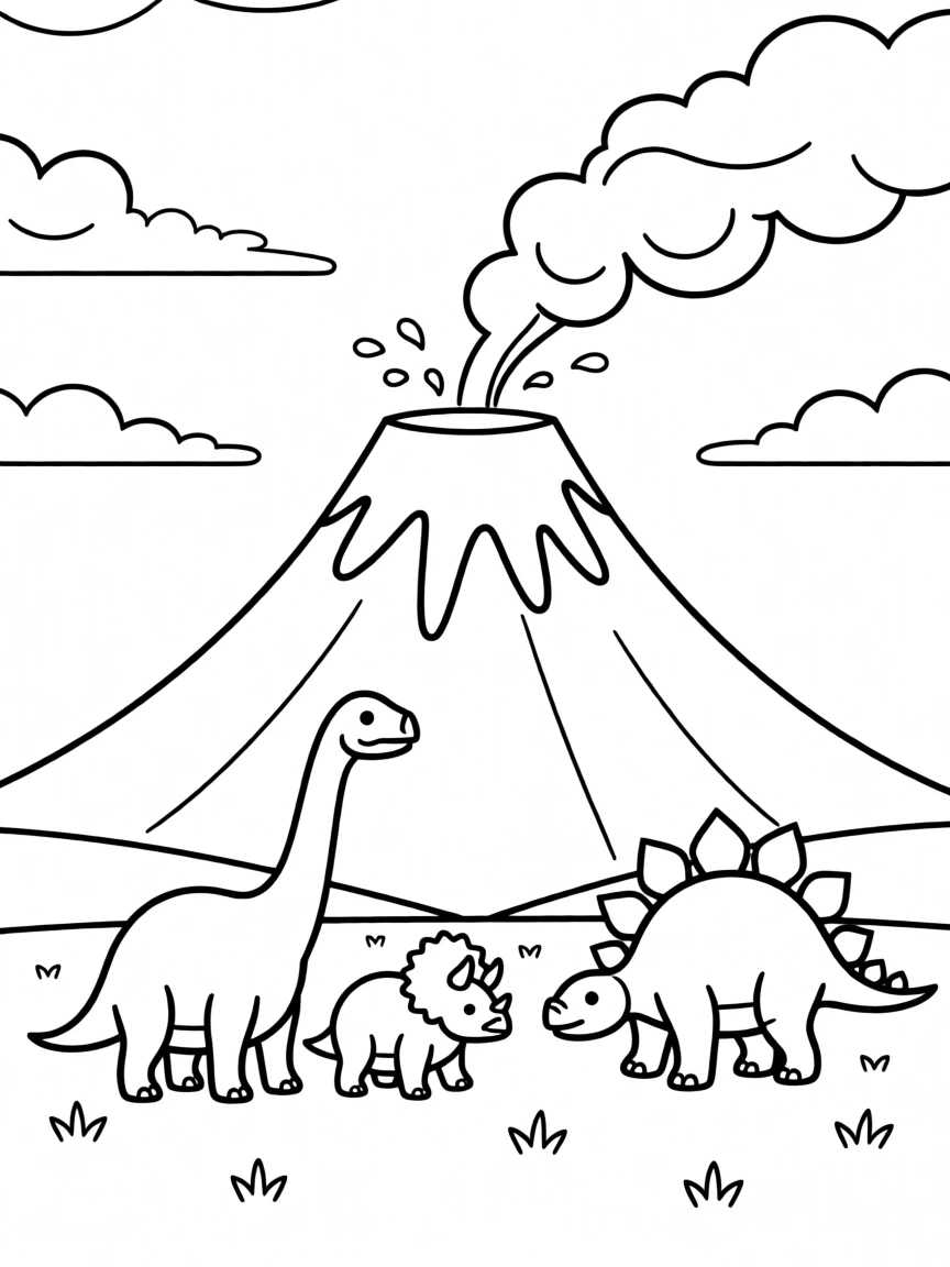 A volcano erupting gently in the background while dinosaurs graze nearby