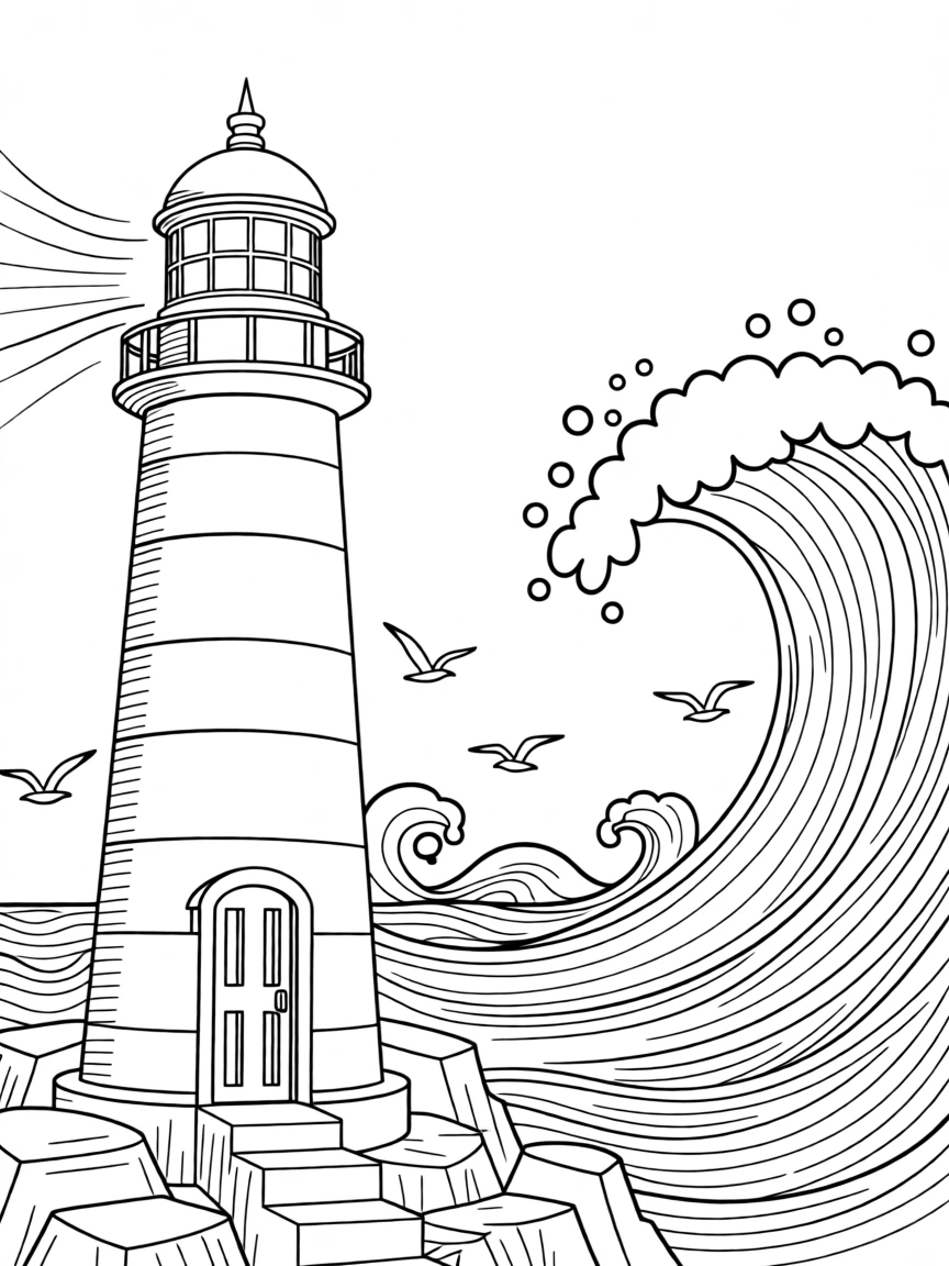 A lighthouse standing against crashing waves, with bubbles rising toward the surface.