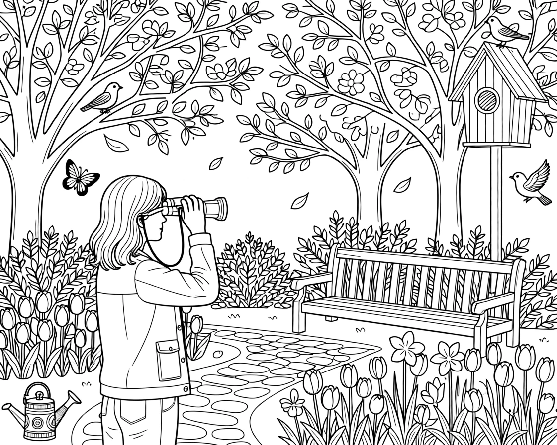 A springtime garden bird-watching scene with binoculars and blooming trees.