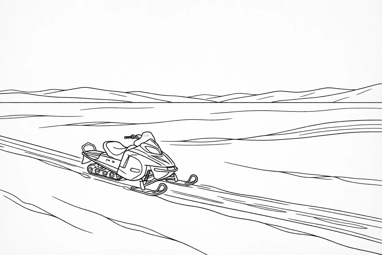 A snowmobile crossing a vast snowy plain