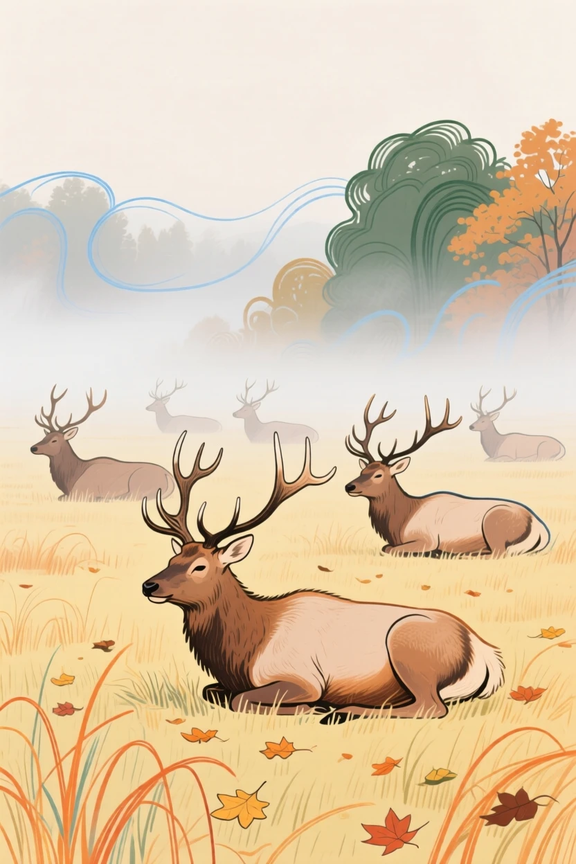 A herd of elk napping in a misty morning field on a crisp autumn day.