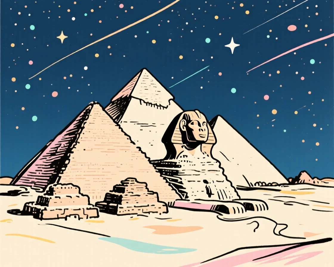 The pyramids and Sphinx standing together beneath a starry desert sky.