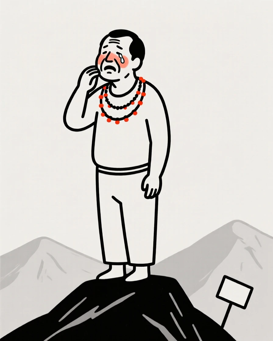 A middle-aged man of Korean heritage wearing a Maasai beaded collar, holding back happy tears, on a mountaintop overlook.