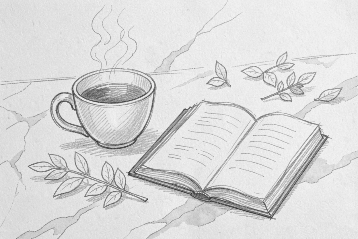 A steaming cup of coffee beside an open book on a marble countertop, with fresh herbs scattered nearby.