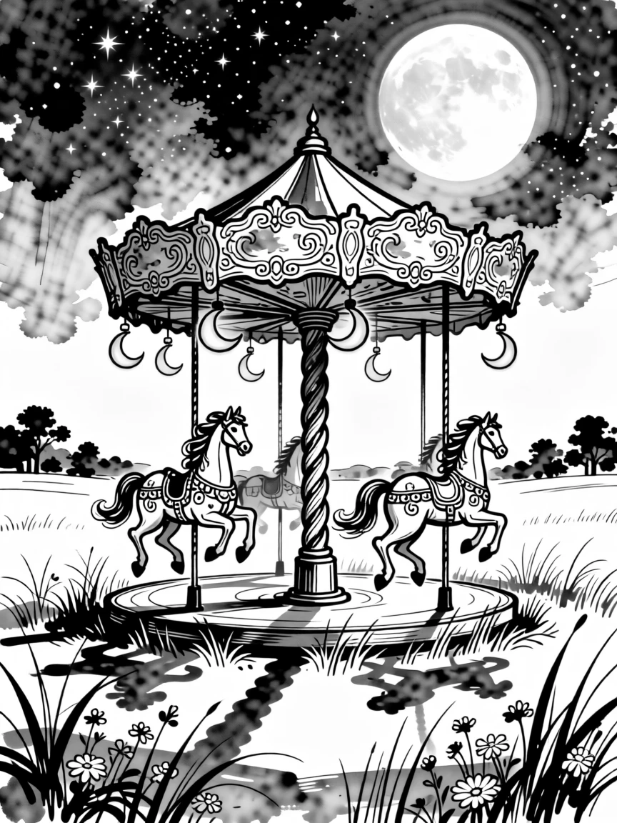 A magical carousel spinning slowly in an empty moonlit meadow.